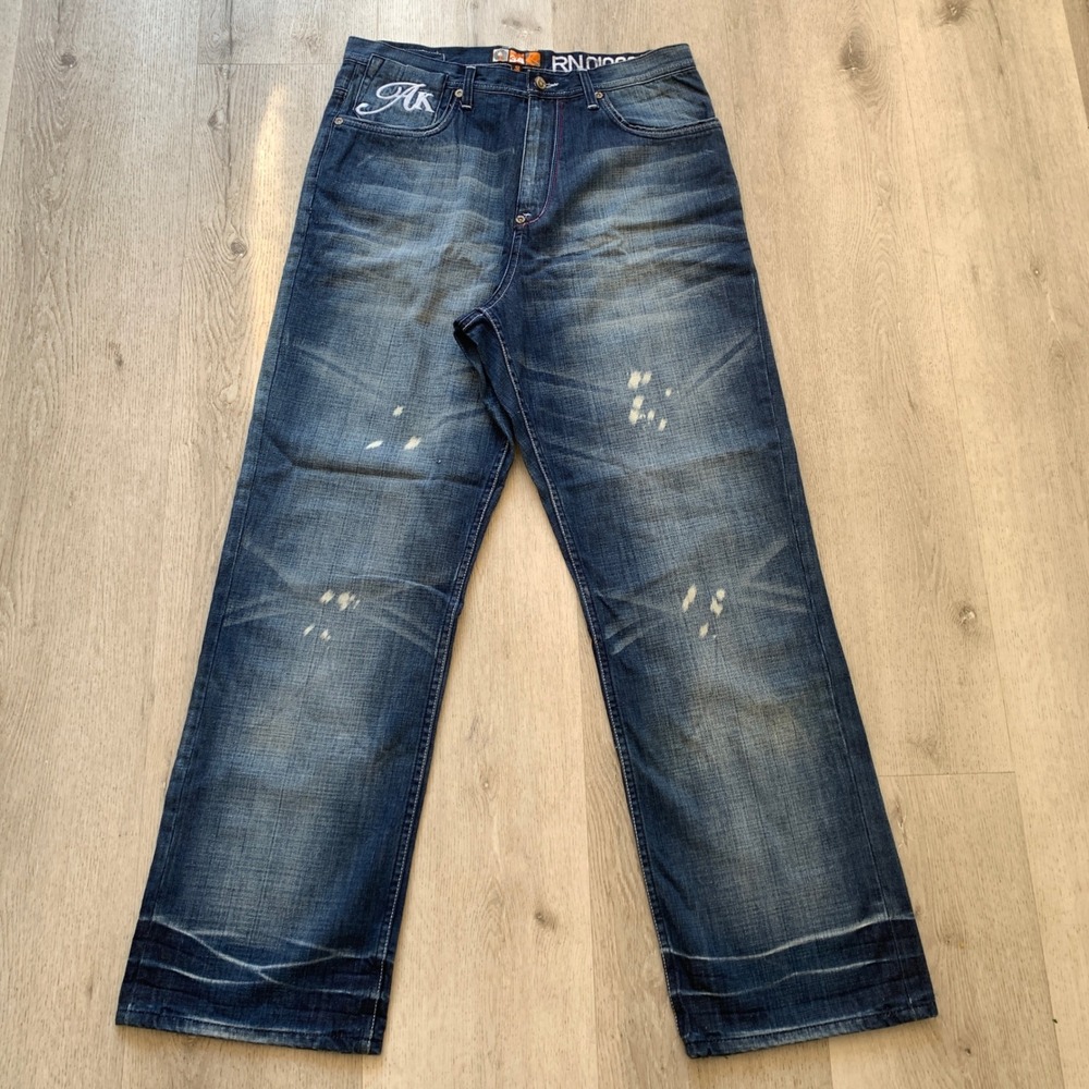 VTG Akademiks Mens 34 Baggy Distressed Y2K Hip‎ Hop Denim Jeans Streetwear